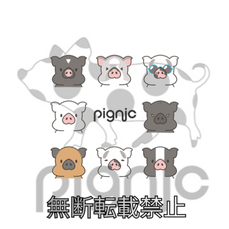 pignicのイラストロゴデザイン 黒・白・茶など様々な毛色や表情の可愛いマイクロブタの顔が並ぶイラスト