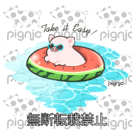 『Take it Easy!』スイカの浮き輪でのんびりと水遊びを楽しむマイクロブタのイラスト