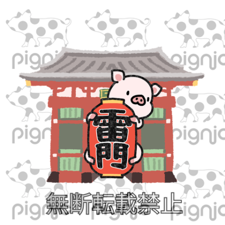 浅草の雷門と大きな赤提灯をぎゅっと抱える可愛いマイクロブタの観光地風イラストデザイン画