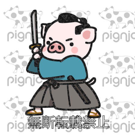 ちょんまげ姿で刀をキリッと構える着物姿の格好いいマイクロブタイラストデザイン画