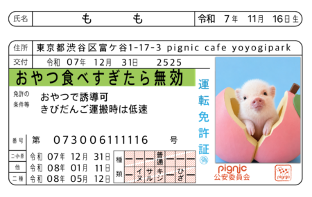 もも(代々木公園店)
ここが注目!: 桃から生まれた「もも」ちゃん!?台座の桃のクッションにすっぽり収まった姿が最高にキュートです。
